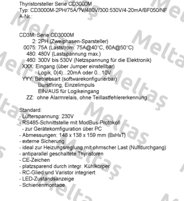CD3000M 2PH/75A/480V/480V/300:530V/4-20mA/BF008/NF/IM CD AUTOMATION