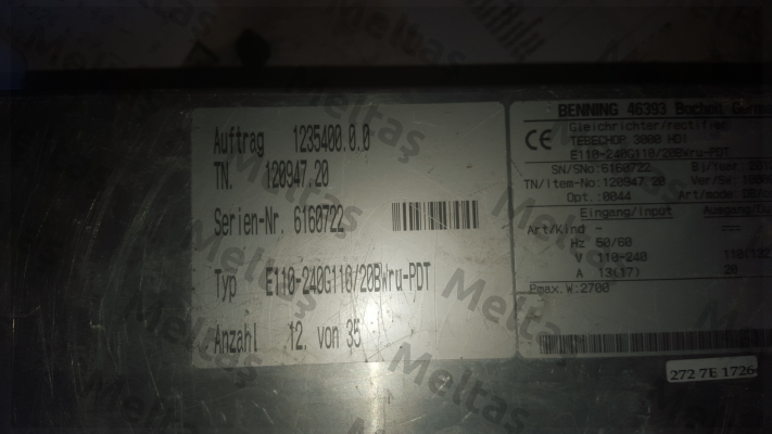 E110-240 G110 /20BWru-PDT (DIN bezeichnung), Product name TEBECHOP 3000 HDI 110V 20A THD  Benning