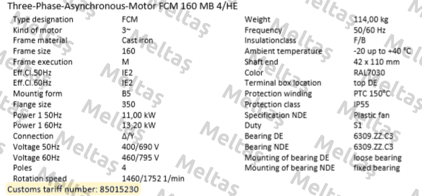 FCM 160 MB 4/HE  (IE2AC16MB400) ALTERNATIVES : PDM-4-B5-11-160M-G-Z1 or EDM-4-B5-11-160M-G-Z1 AC Motoren